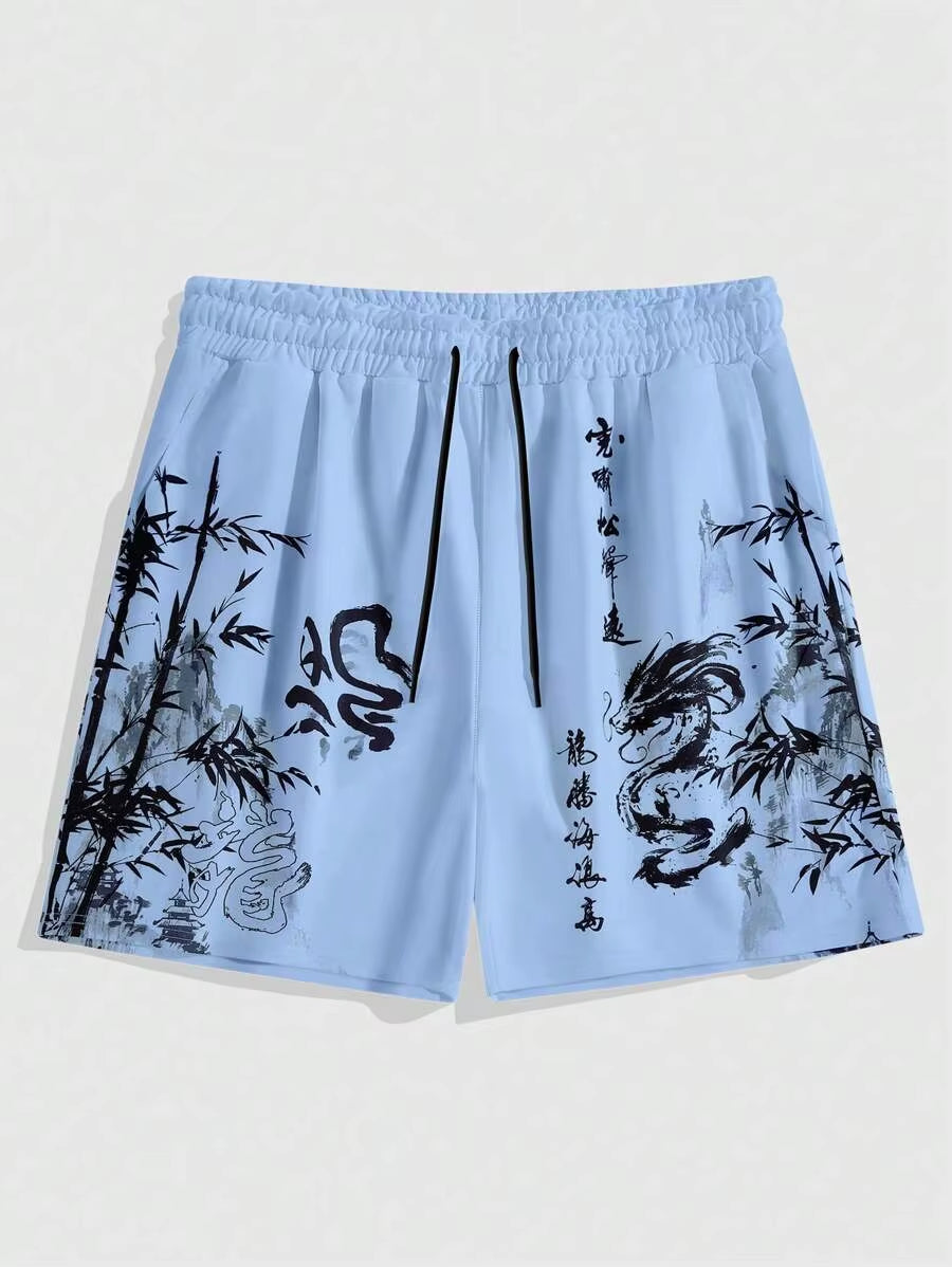 New Men'S Summer Shorts Loose and Luxurious Shorts 3D Printed Casual Bamboo Forest Dragon Print Harajuku Ancient Style Shorts