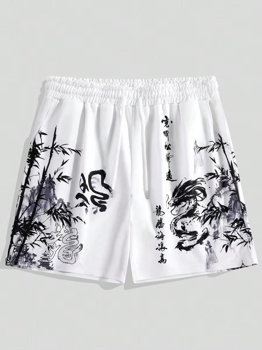 New Men'S Summer Shorts Loose and Luxurious Shorts 3D Printed Casual Bamboo Forest Dragon Print Harajuku Ancient Style Shorts